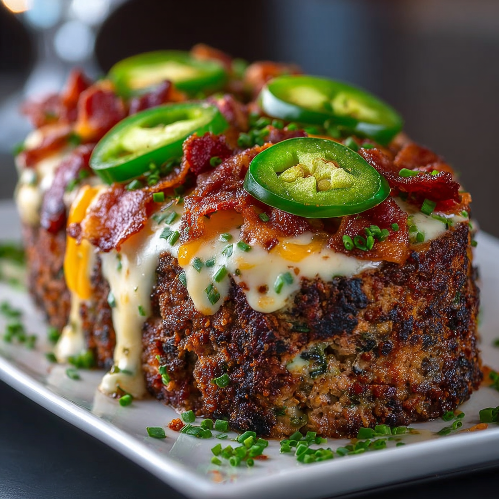 A mouthwatering smoky jalapeño popper meatloaf sliced on a plate.