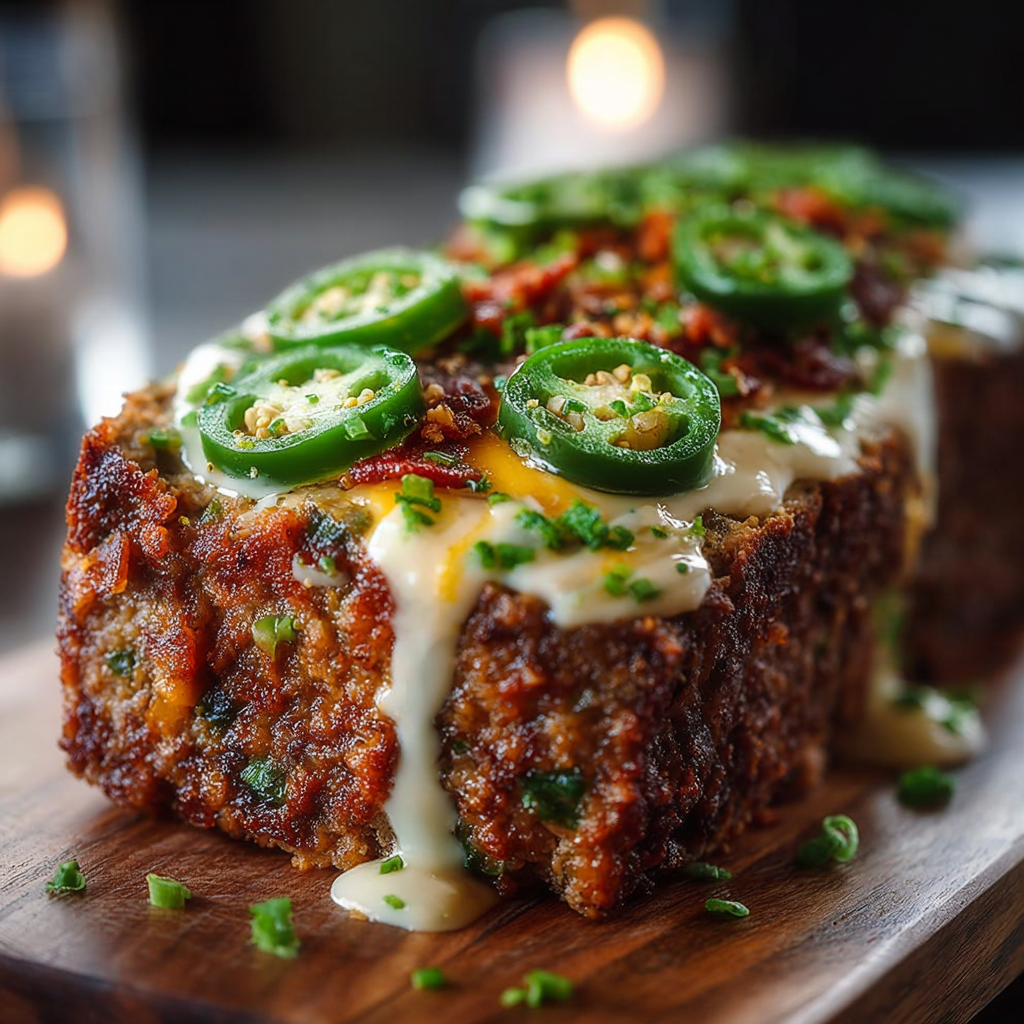 Tender cheesy beef loaf covered with jalapeños on a rustic board.