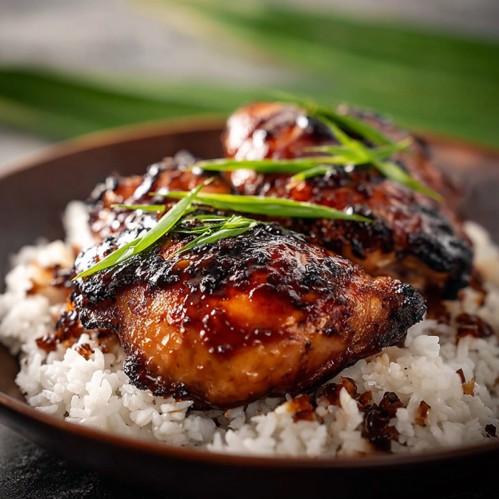A plate of rice and meat with a green garnish on top.