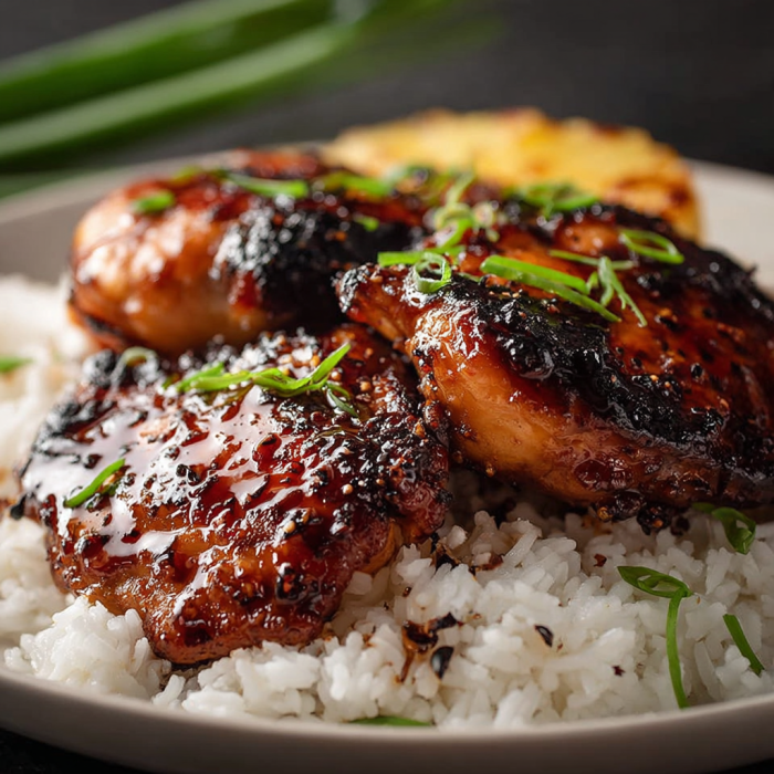 A plate of food with rice and meat, possibly chicken, with a green garnish on top.