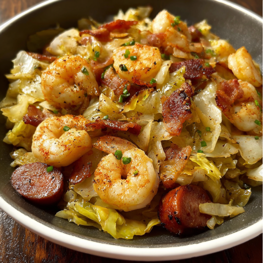A delicious meal of shrimp, sausage, and bacon with fried cabbage.