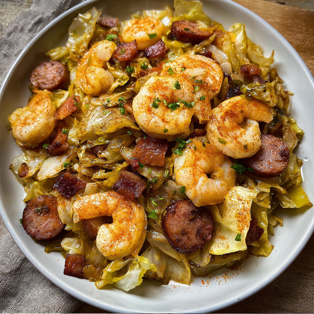 A plate of shrimp and sausage with a side of greens.