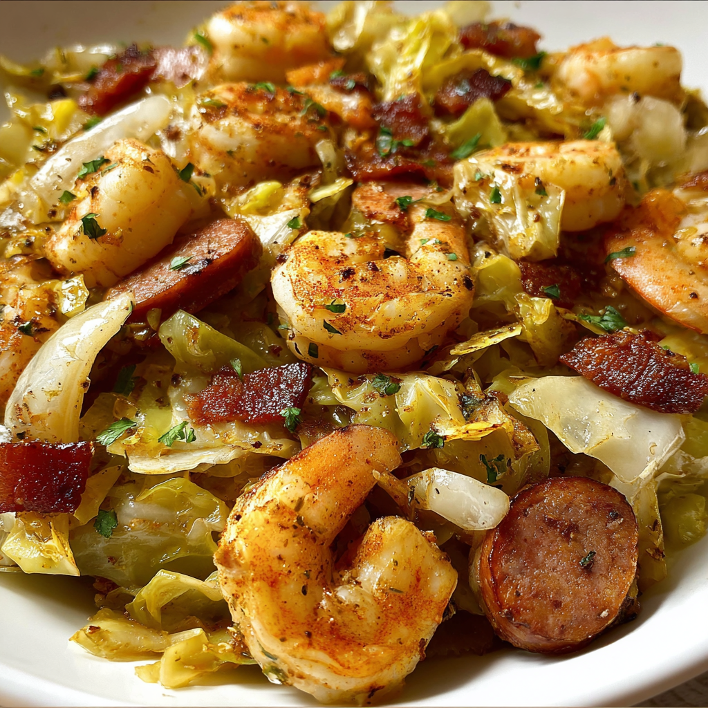 A plate of shrimp and bacon with a side of onions and greens.