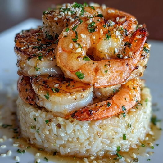 A stack of shrimp and rice with garlic butter on top.