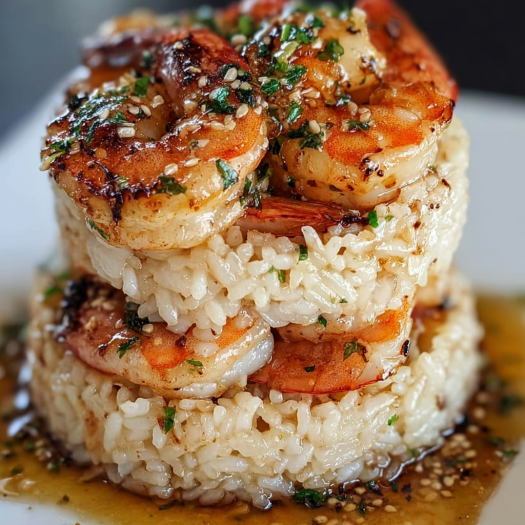 A stack of shrimp and rice with garlic butter on top.