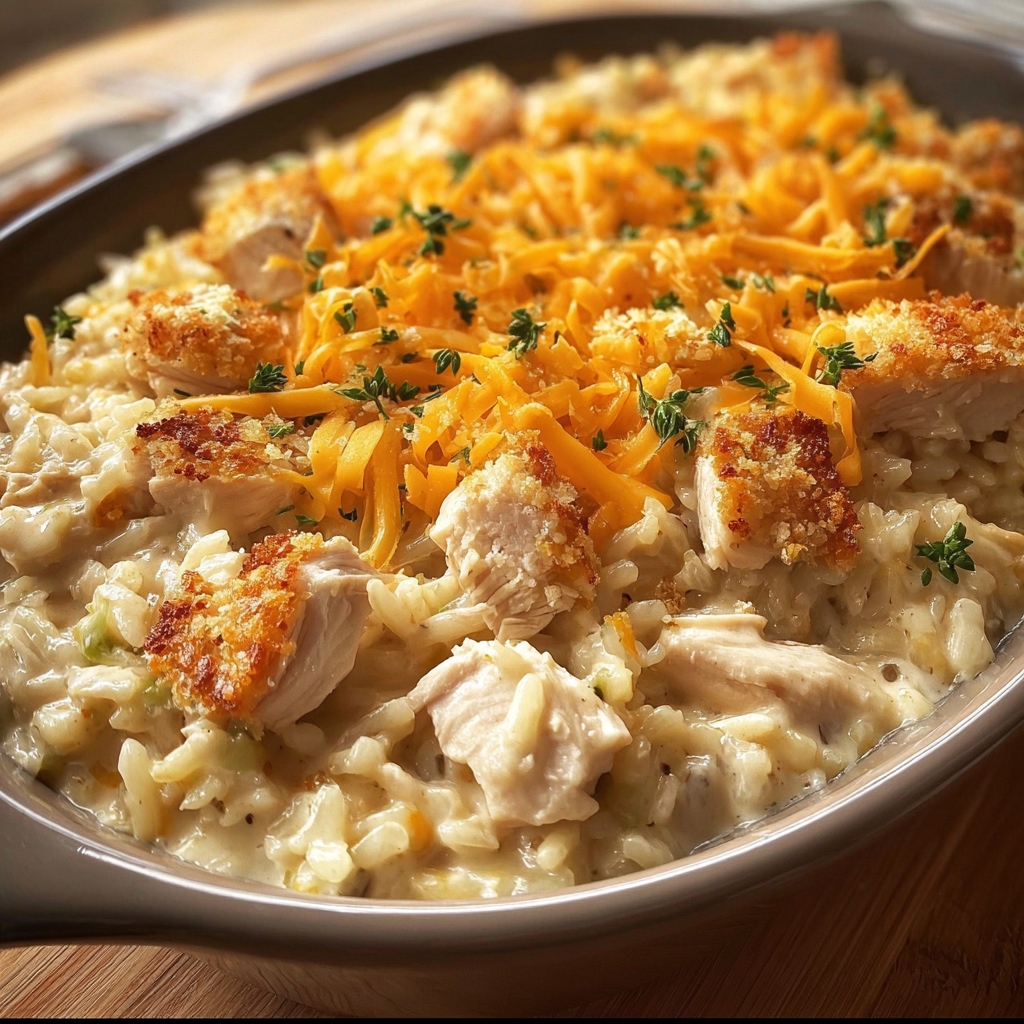 A delicious Creamy Chicken and Rice Casserole Delight is served in a silver bowl.