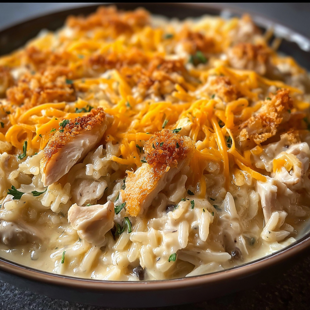 A delicious Creamy Chicken and Rice Casserole Delight is served in a bowl.