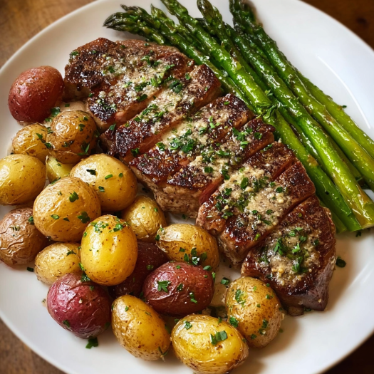 A delicious meal of Creamy Garlic Parmesan Steak with Roasted Baby Potatoes and Asparagus.