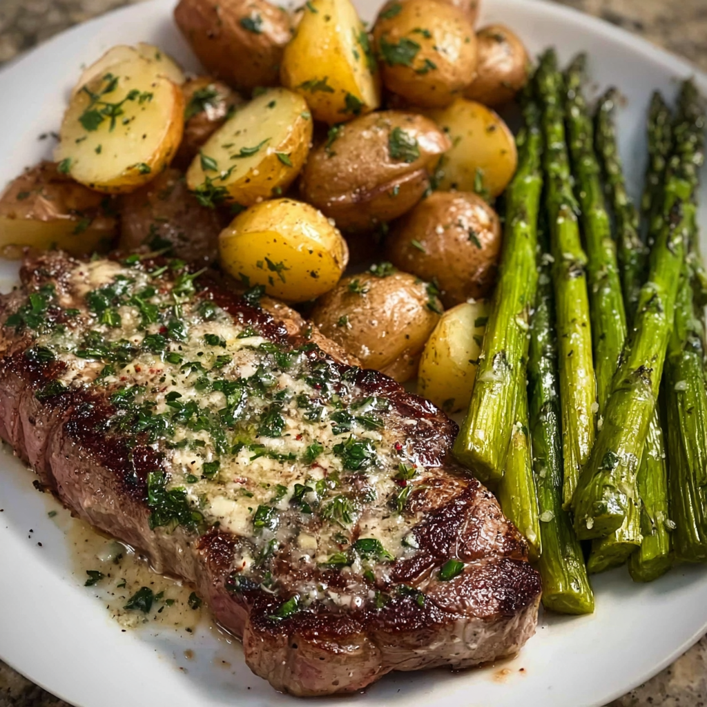 A delicious meal of Creamy Garlic Parmesan Steak with Roasted Baby Potatoes and Asparagus.