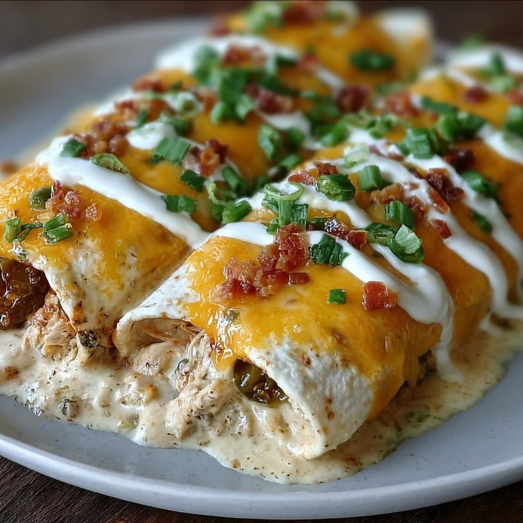A plate of Jalapeño Popper Cheesy Chicken Enchiladas with Creamy Sauce.
