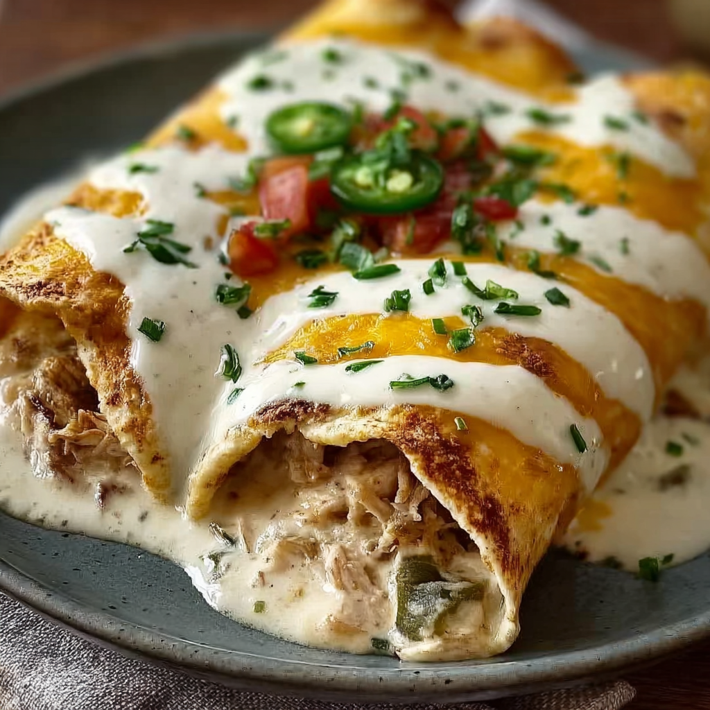 A delicious Mexican dish is served on a plate, featuring a variety of ingredients such as chicken, tomatoes, and jalapenos. The dish is topped with a creamy sauce and garnished with cilantro, making it a flavorful and satisfying meal.