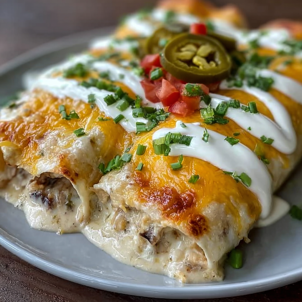 A delicious Mexican dish, possibly a burrito or enchilada, is served on a plate with a side of sour cream and jalapenos.