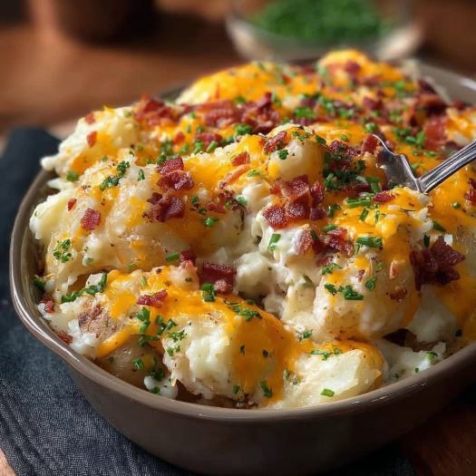 A delicious bacon and cheese casserole is served in a bowl.