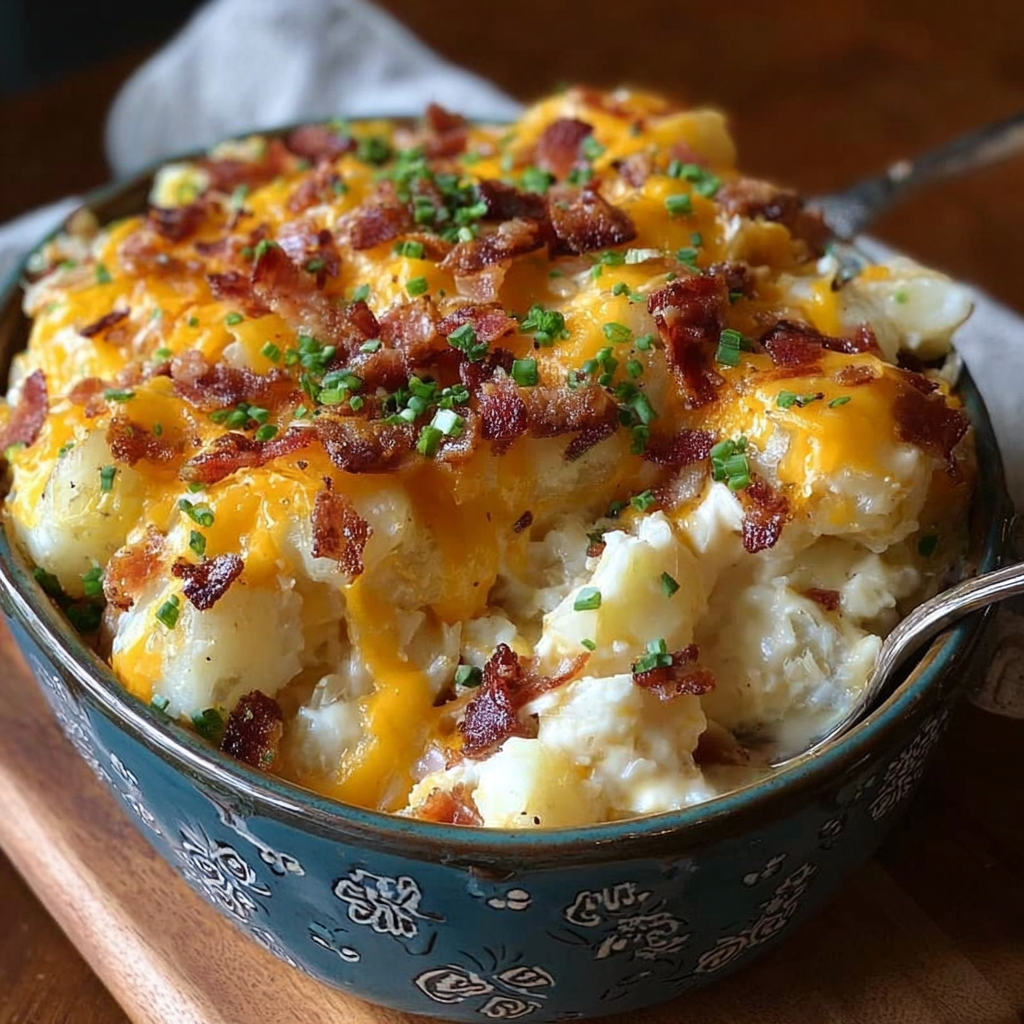 A delicious bacon and cheese casserole in a blue bowl.