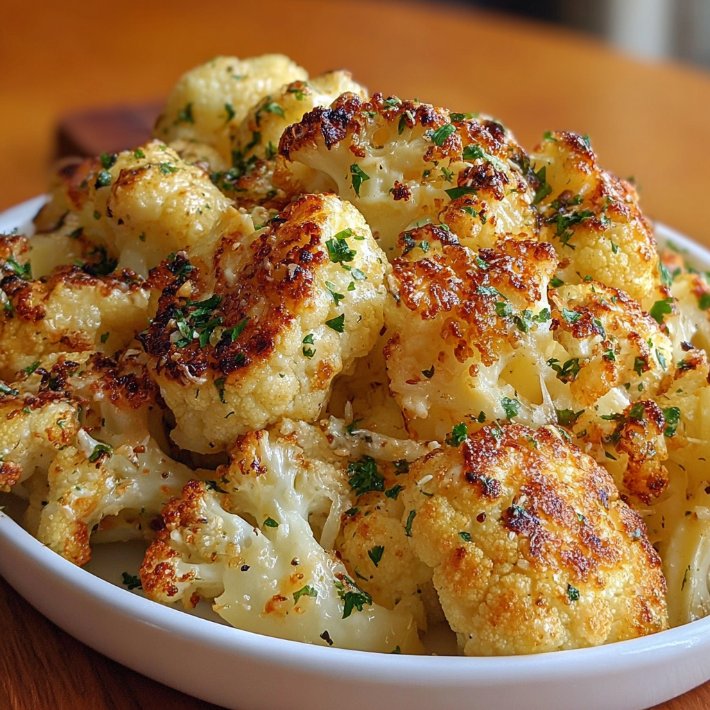 A white bowl filled with garlic and Parmesan cheese covered cauliflower.