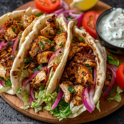 A delicious chicken shawarma meal with fresh vegetables and a side of tzatziki sauce.
