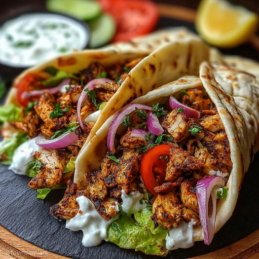 A delicious chicken wrap with a variety of vegetables and sauces, including lettuce, tomatoes, onions, and a creamy sauce.