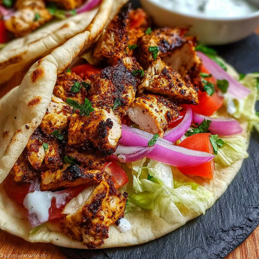 A delicious chicken and vegetable wrap with a side of hummus.