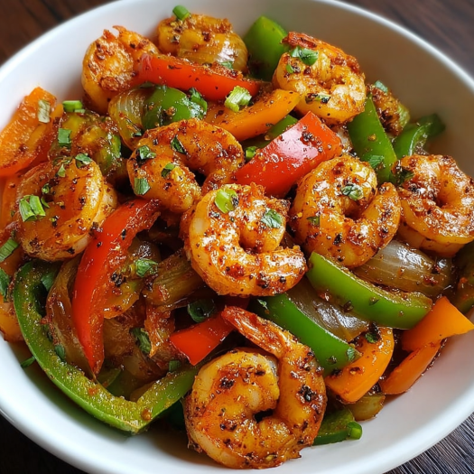 A bowl of shrimp and peppers with a spicy sauce.