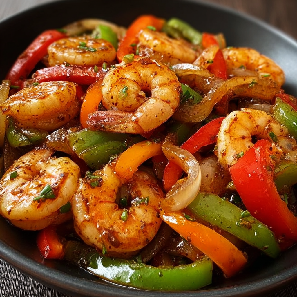 A bowl of shrimp and peppers, with a spicy sauce, is ready to be served.