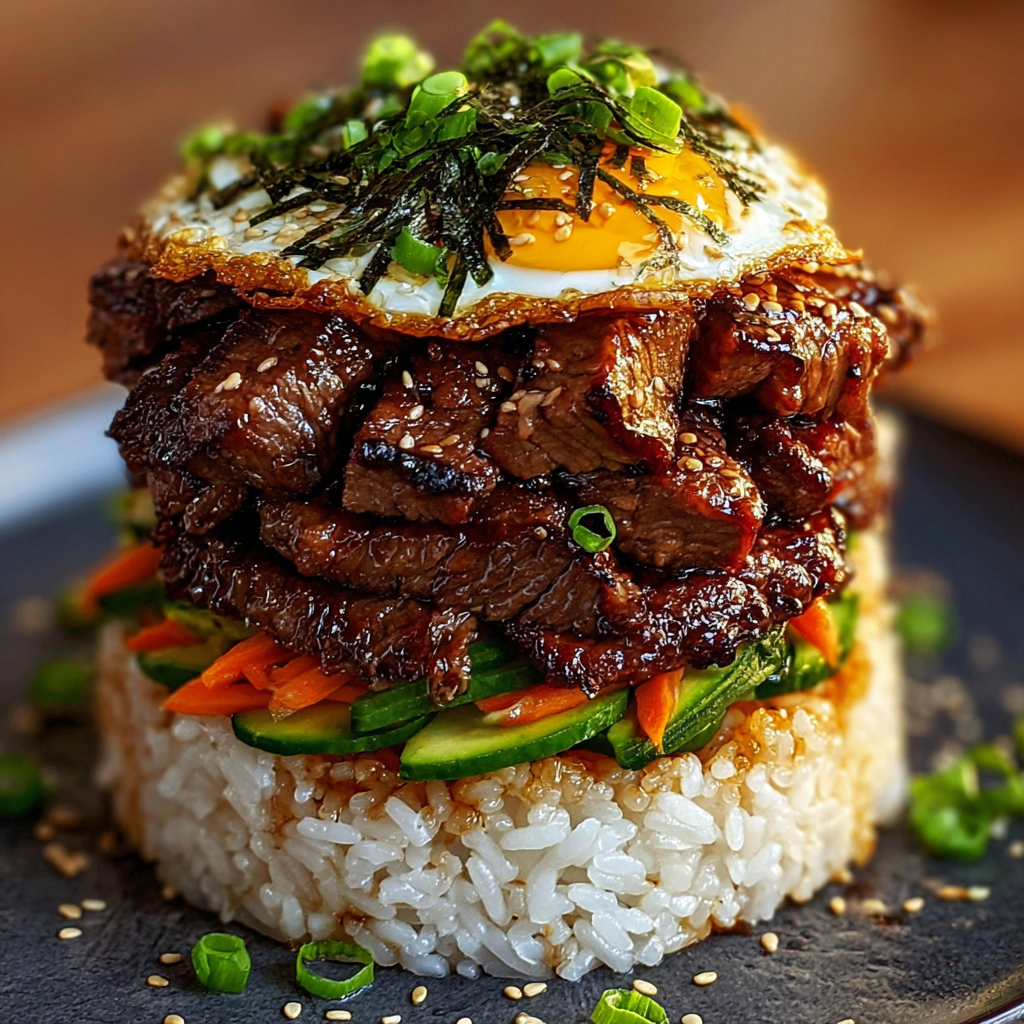 A delicious Korean BBQ Beef Rice Stack is served on a plate with rice and vegetables.