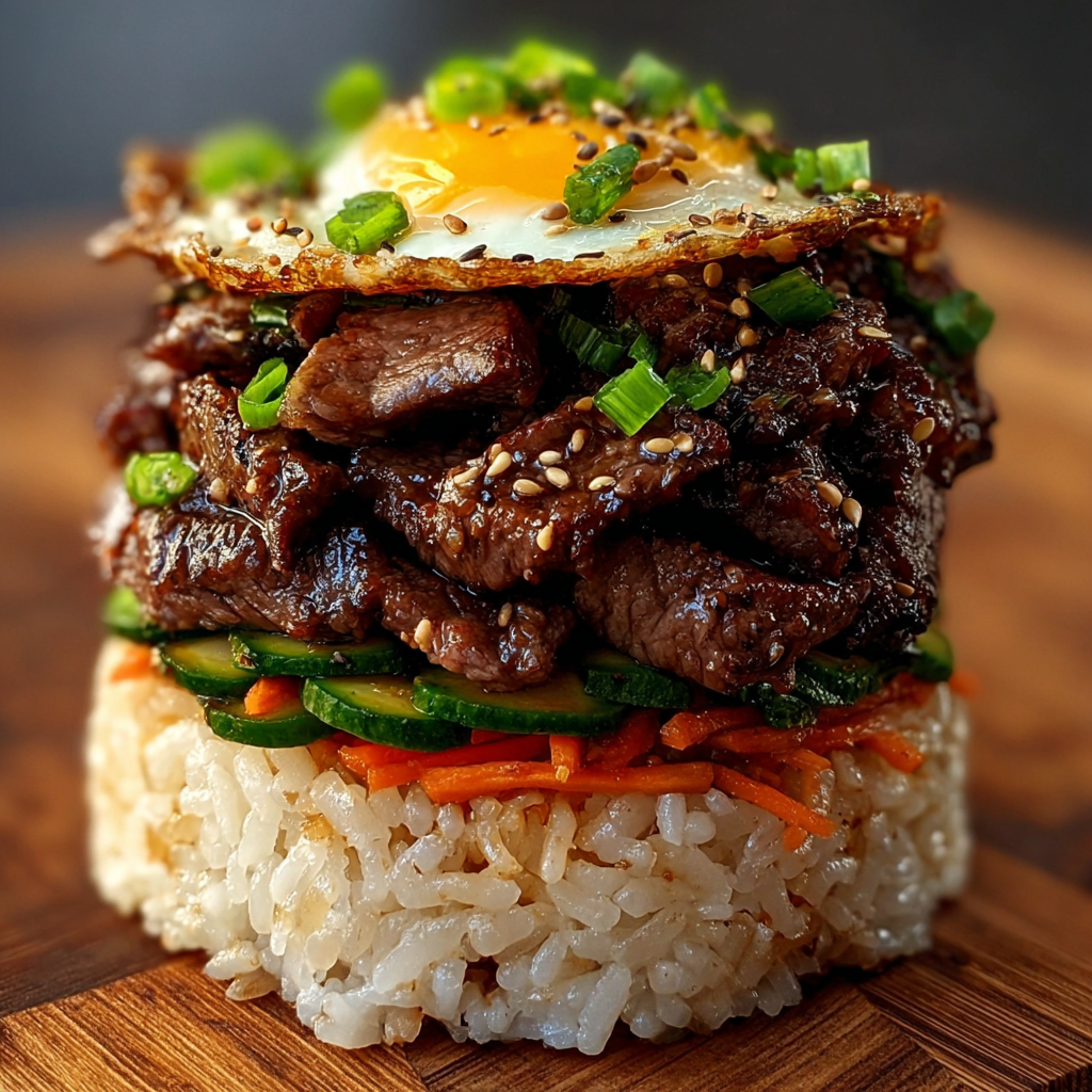 A delicious Asian stir fry with rice, vegetables, and meat, served on a wooden table.