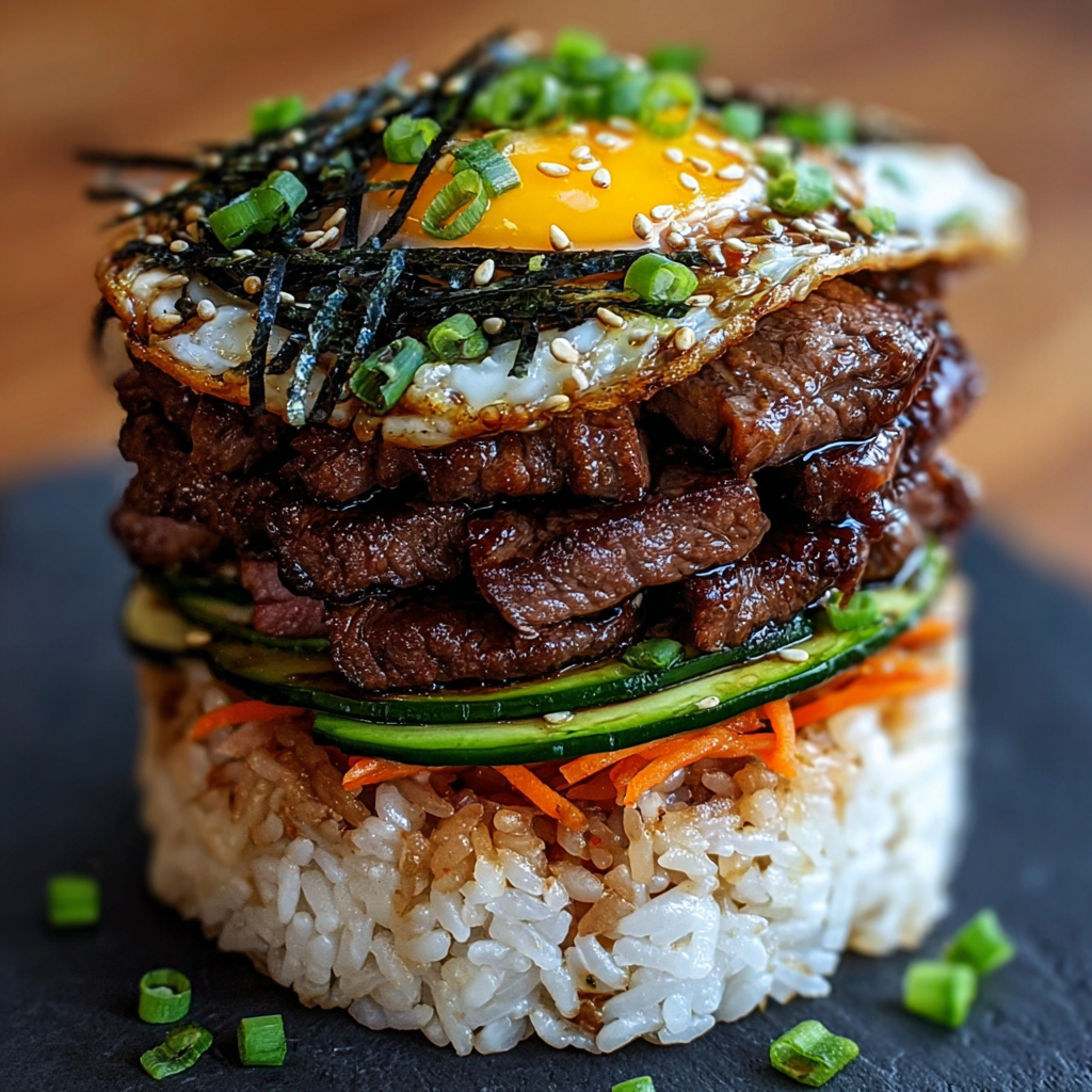 A delicious Asian stir fry with rice, vegetables, and a fried egg on top.