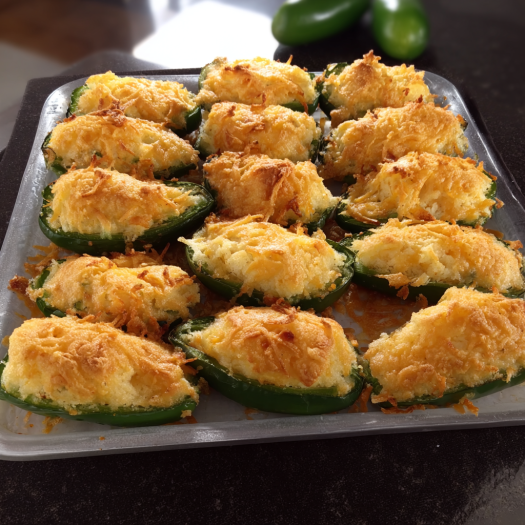 A tray of baked cheese stuffed peppers sits on a table.