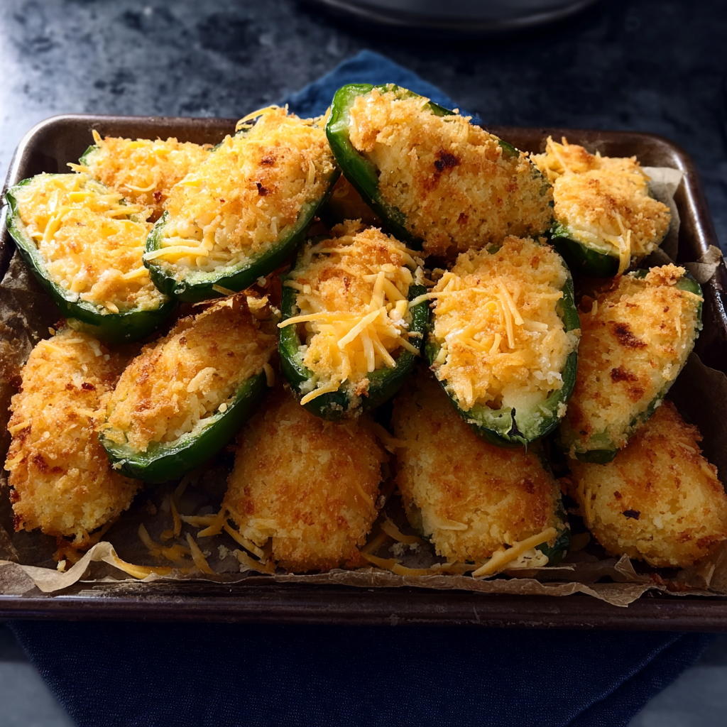 A pan of cheese-stuffed peppers sits on a table, ready to be served.