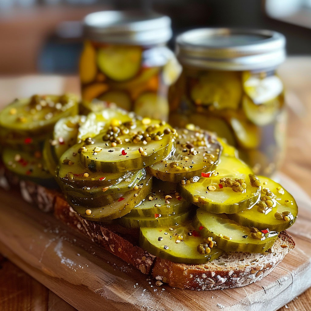 A sandwich made with pickles and bread, with two jars of pickles on the side.