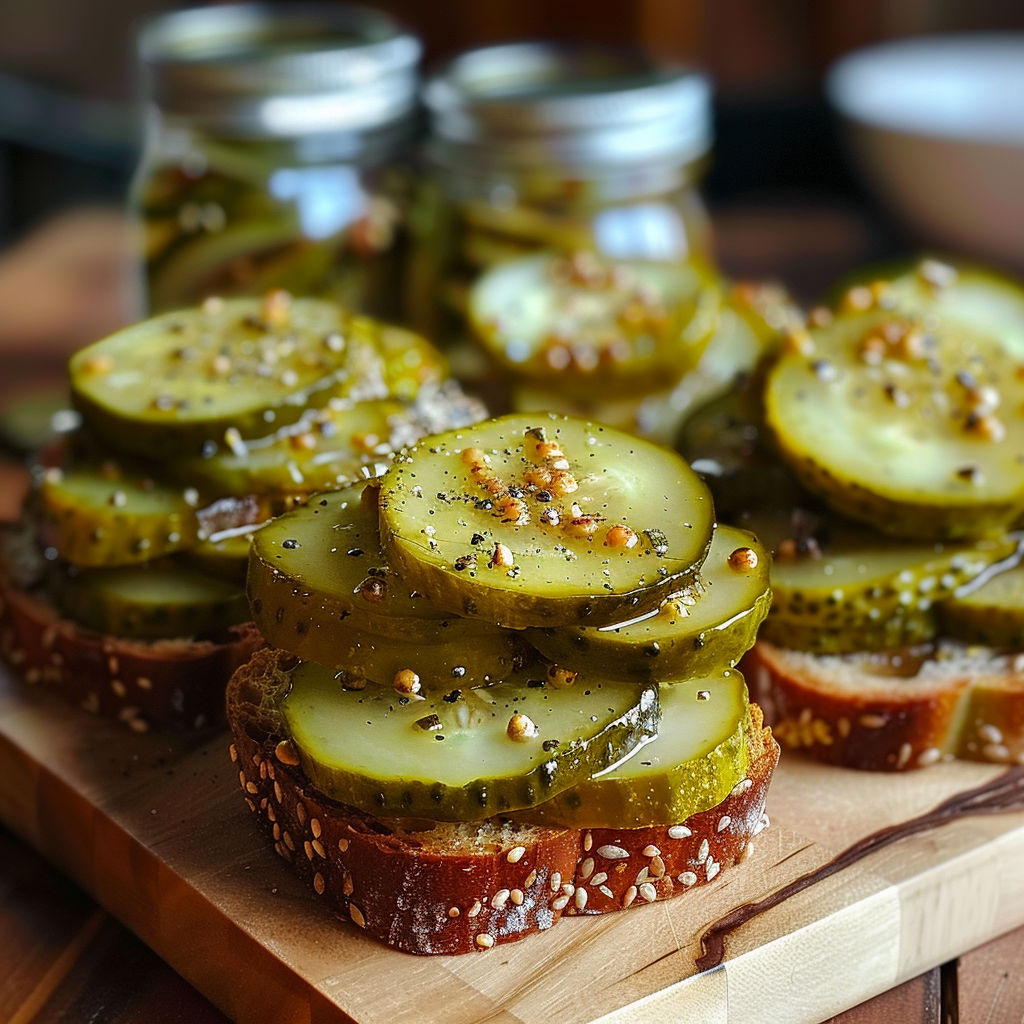 A wooden cutting board with sliced pickles and bread.