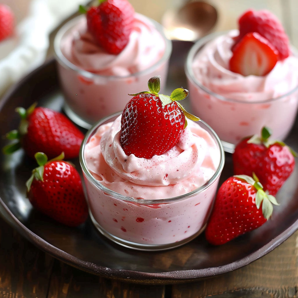 A plate of strawberry mousse desserts with strawberries on top.
