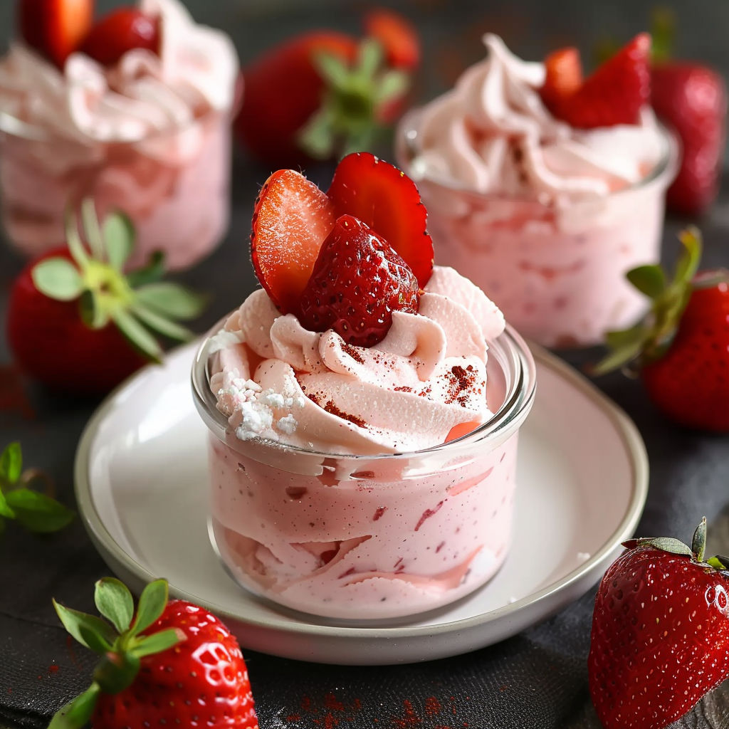 A close up of a dessert with strawberries and whipped cream.