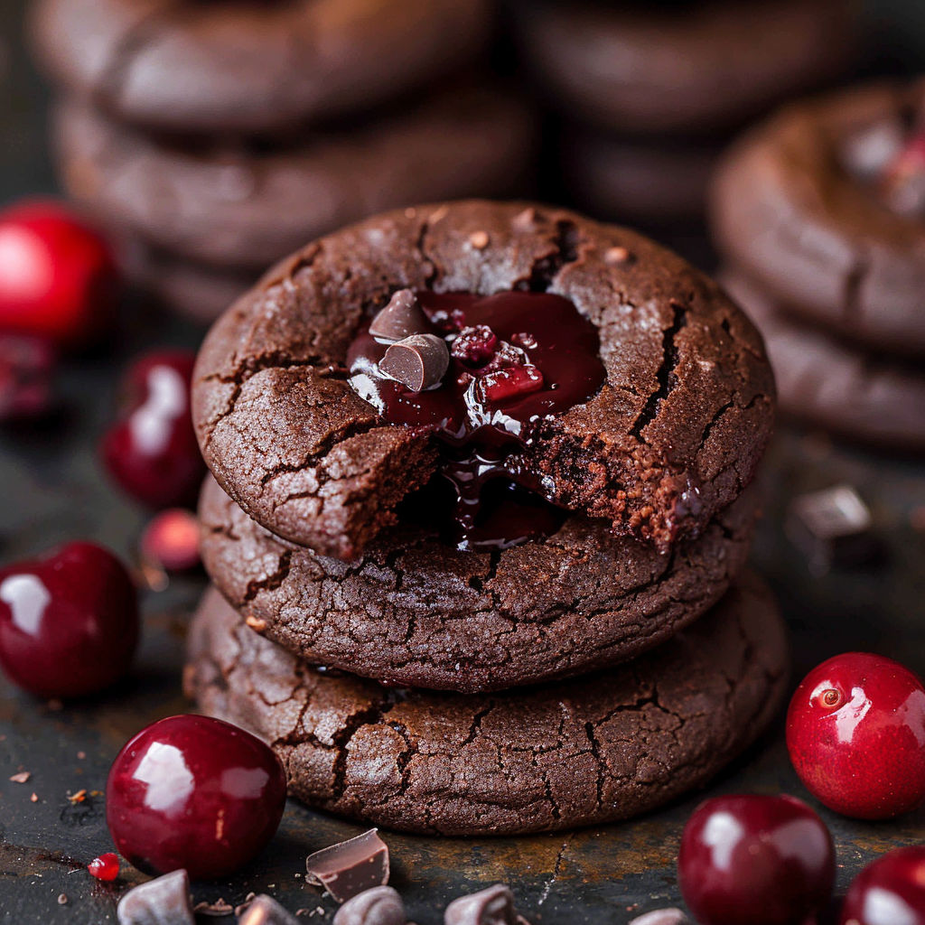 A close up of a Chocolate Cherry Cookie with a bite taken out of it.