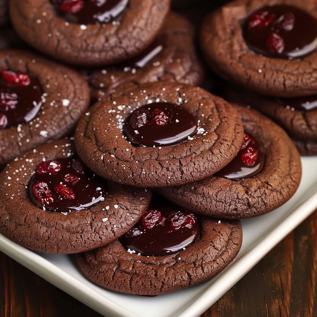 A plate of chocolate cherry cookies with a drizzle of chocolate sauce on top.