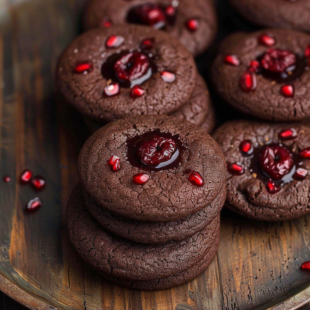 A plate of Chocolate Cherry Cookies with a drizzle of chocolate sauce.