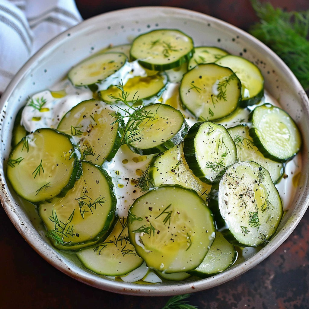 A bowl of cucumber salad with a dollop of ranch dressing on top.