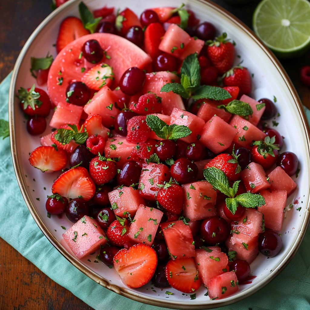 A bowl of watermelon fruit salad with lime mint dressing.