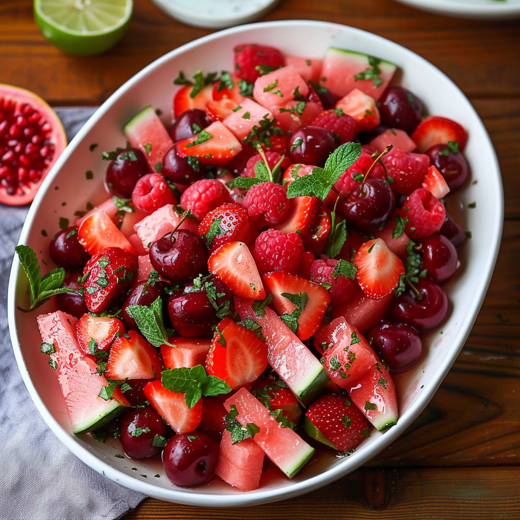A large bowl filled with watermelon, strawberries, and lime mint dressing.