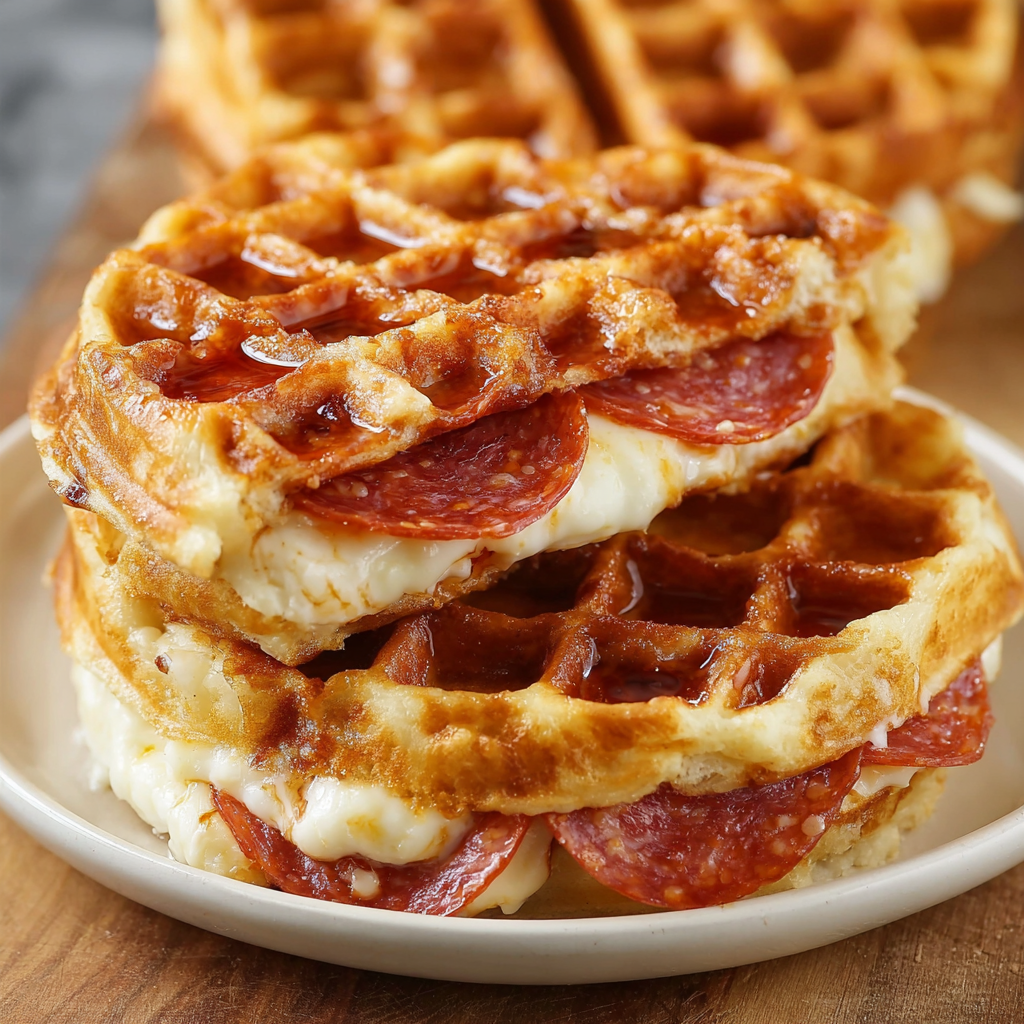 A plate of waffles with cheese and pepperoni on top.