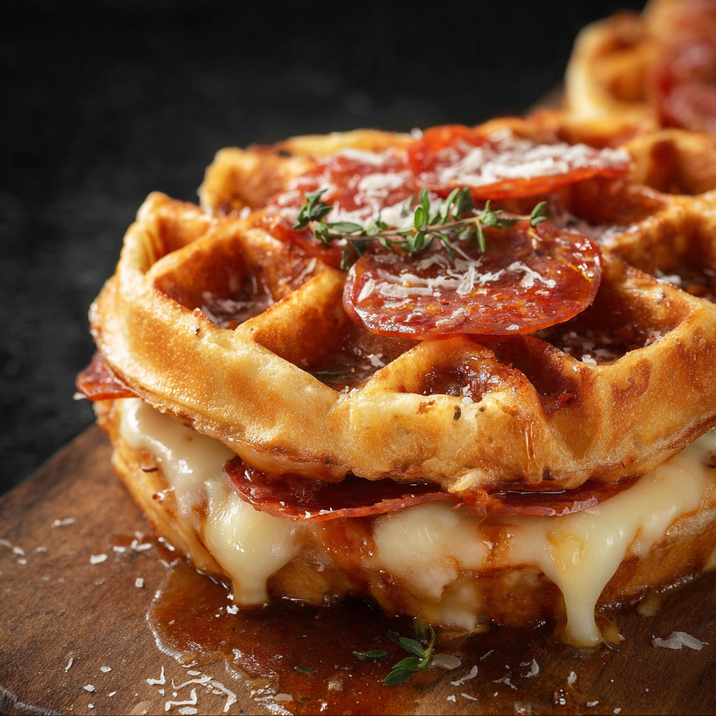 Pizza-stuffed waffles bursting with cheese and pepperoni on a wood board.