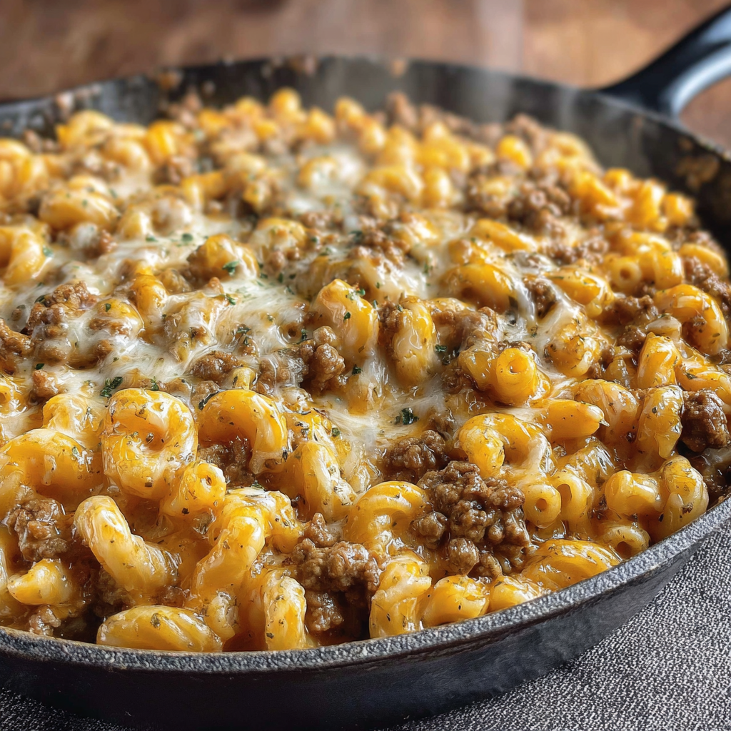 A cheesy beef and macaroni skillet bubbles away, ready to serve.