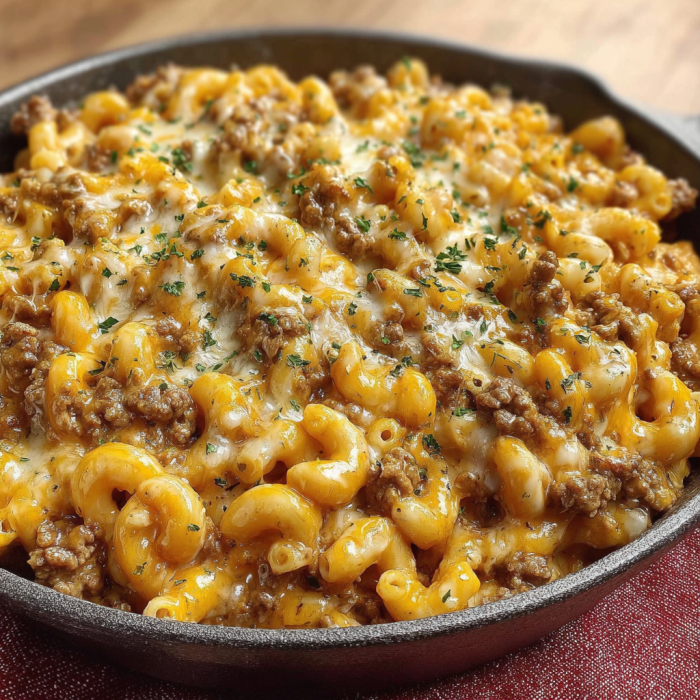 A bubbly skillet of cheese-topped pasta and beef sits ready to dig in on a black pan.