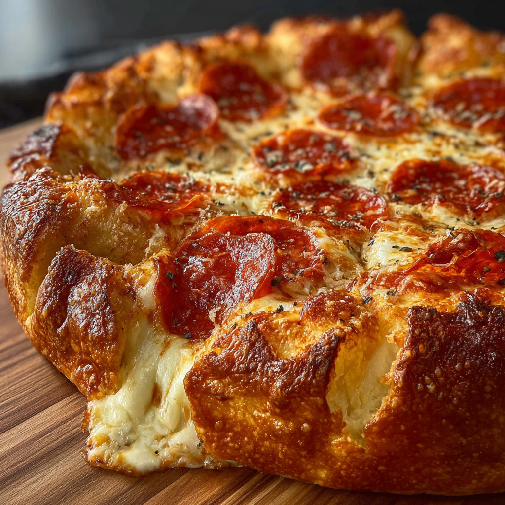 Stuffed Crust Pepperoni Pizza looking so tasty on a wooden board.