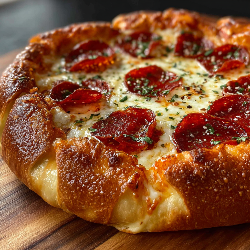 A pepperoni pizza with a golden crust and melted cheese.