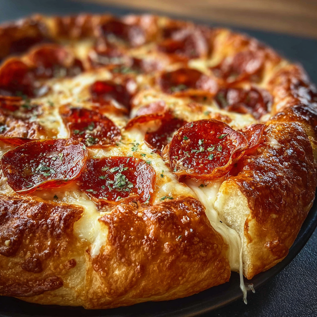 A pepperoni pizza with cheese and pepperoni toppings, sitting on a black plate.