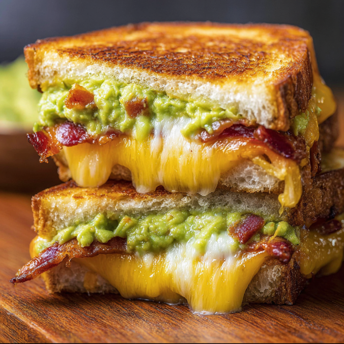 A melty sandwich stuffed with bacon and cheese on a wooden table.