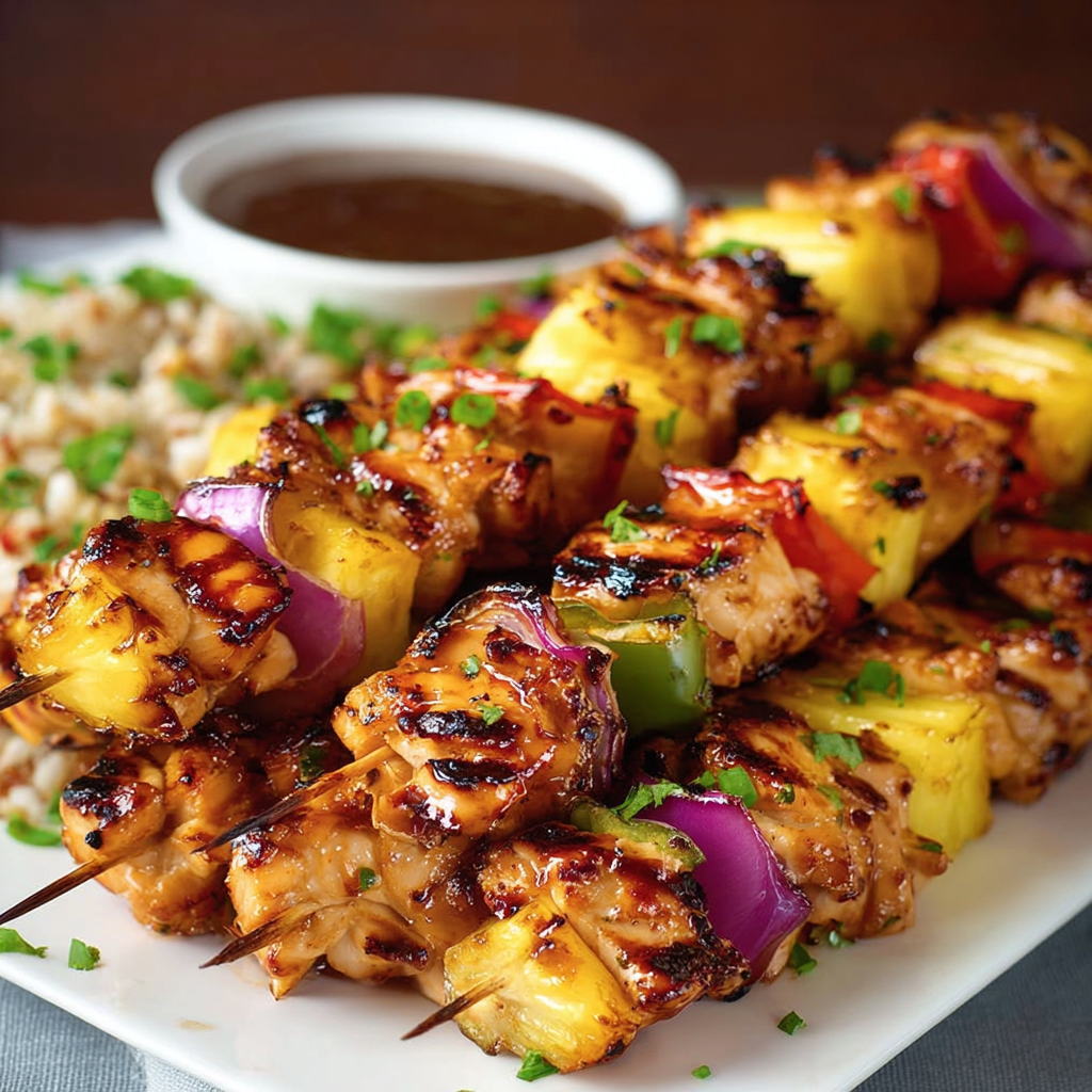 Colorful Hawaiian chicken kebabs on a plate with rice and a little dip.