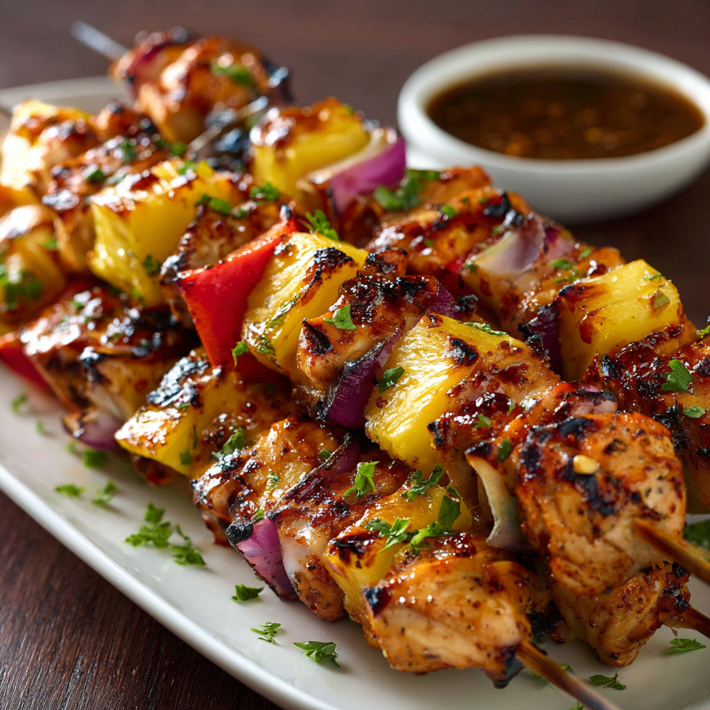 A plate of Hawaiian chicken kebabs with a side of dipping sauce.