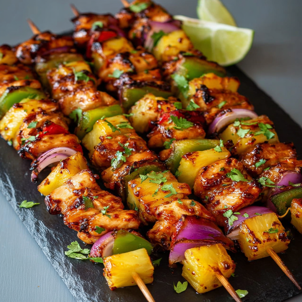 A delicious Hawaiian Chicken Kebab is ready to be cooked on a grill.